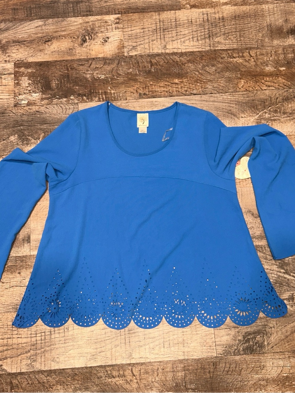 Self Esteem Bright Blue Laser-Cut Scallop Hem Long Sleeve Top